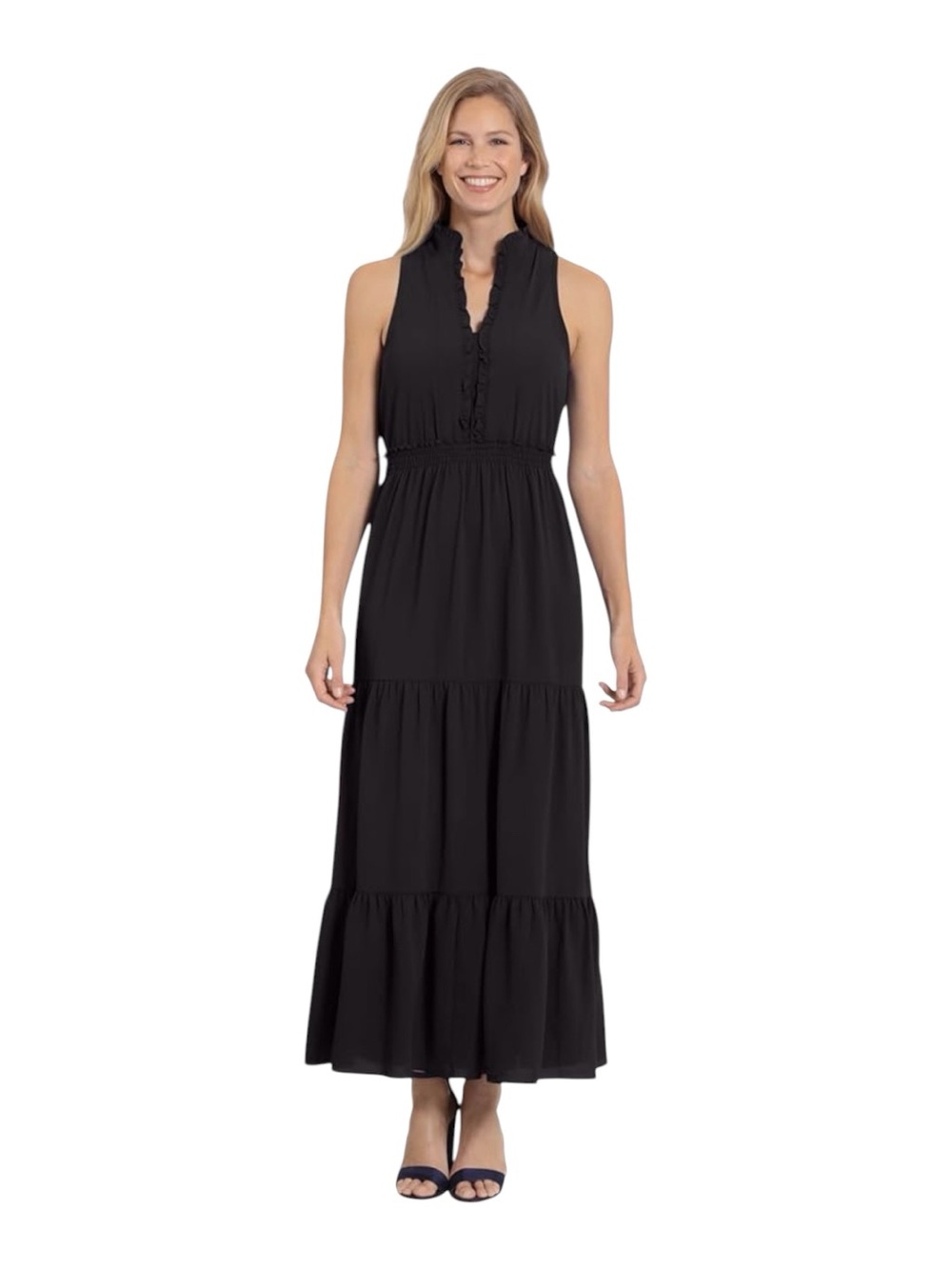 London Times Scout Ruffle Neck Tiered Maxi Dress Black Size 4